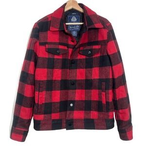 AMERICAN RAG Cie Men's Plaid Wool Trucker Jacket Red/Black Check Flannel. Lined